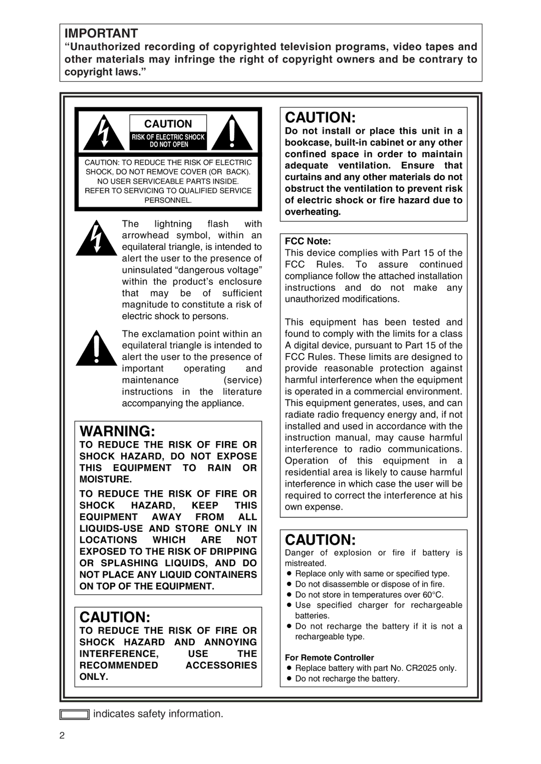 Panasonic AG-DVX100P manual Indicates safety information 