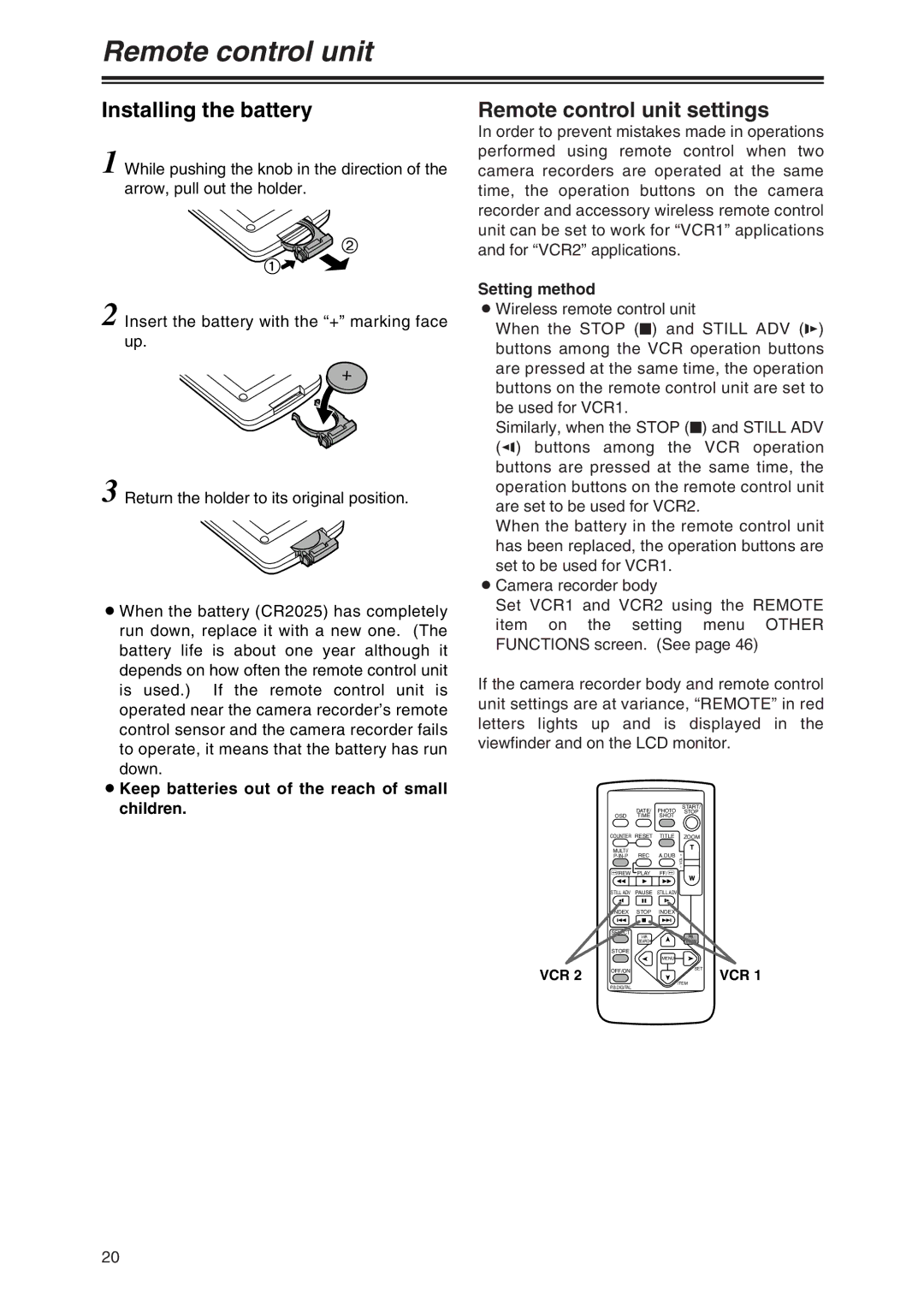 Panasonic AG-DVX100P manual Installing the battery, Remote control unit settings, Setting method 