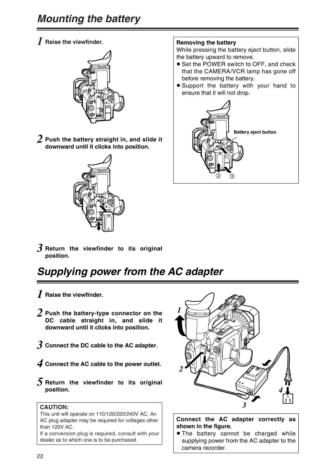 Panasonic AG-DVX100P manual Mounting the battery, Supplying power from the AC adapter, Battery eject button 