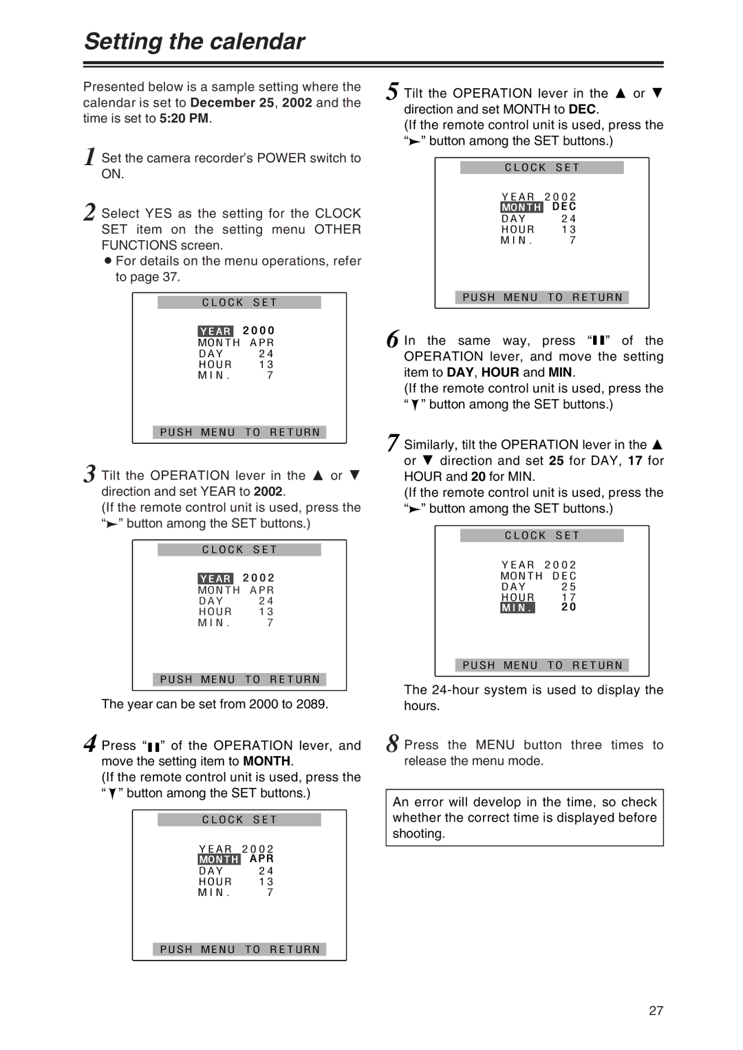 Panasonic AG-DVX100P manual Setting the calendar 