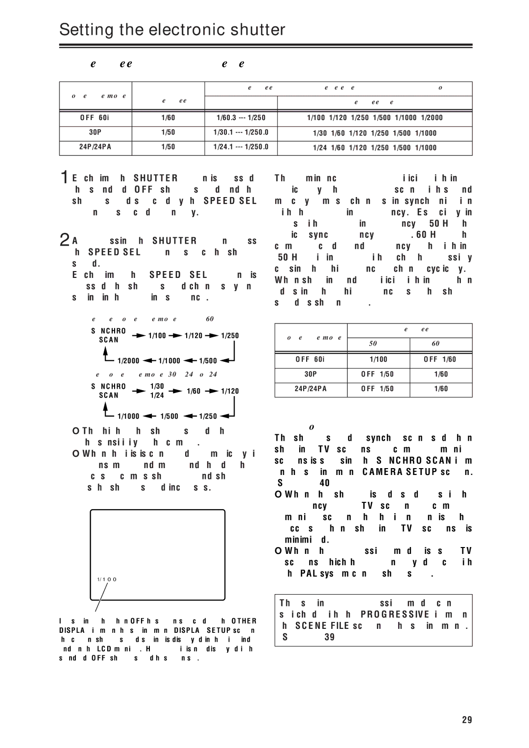 Panasonic AG-DVX100P manual Setting the electronic shutter, Shutter speeds which can be set, Synchro Scan 