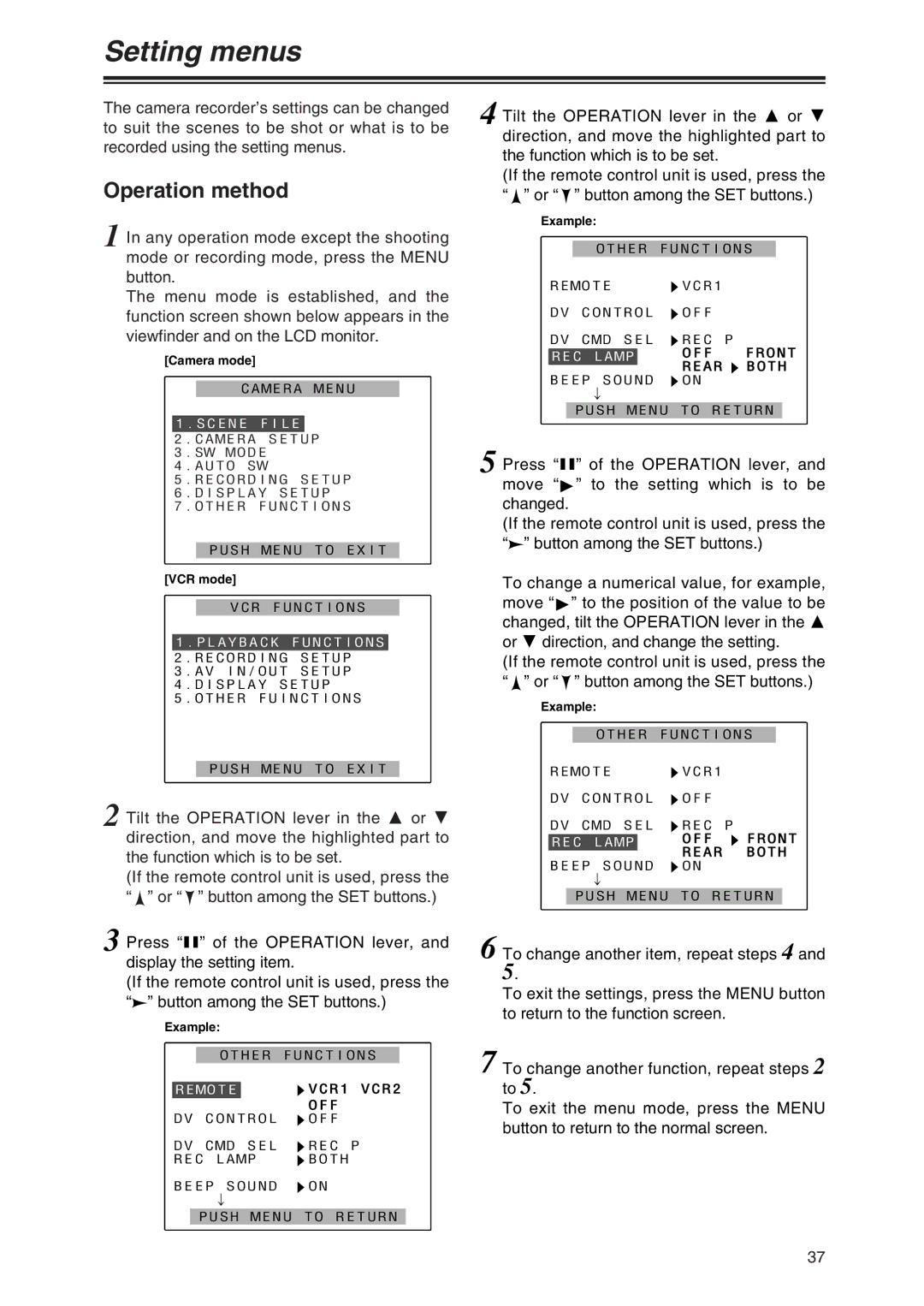 Panasonic AG-DVX100P manual Setting menus, Operation method, Camera mode, VCR mode, Example 