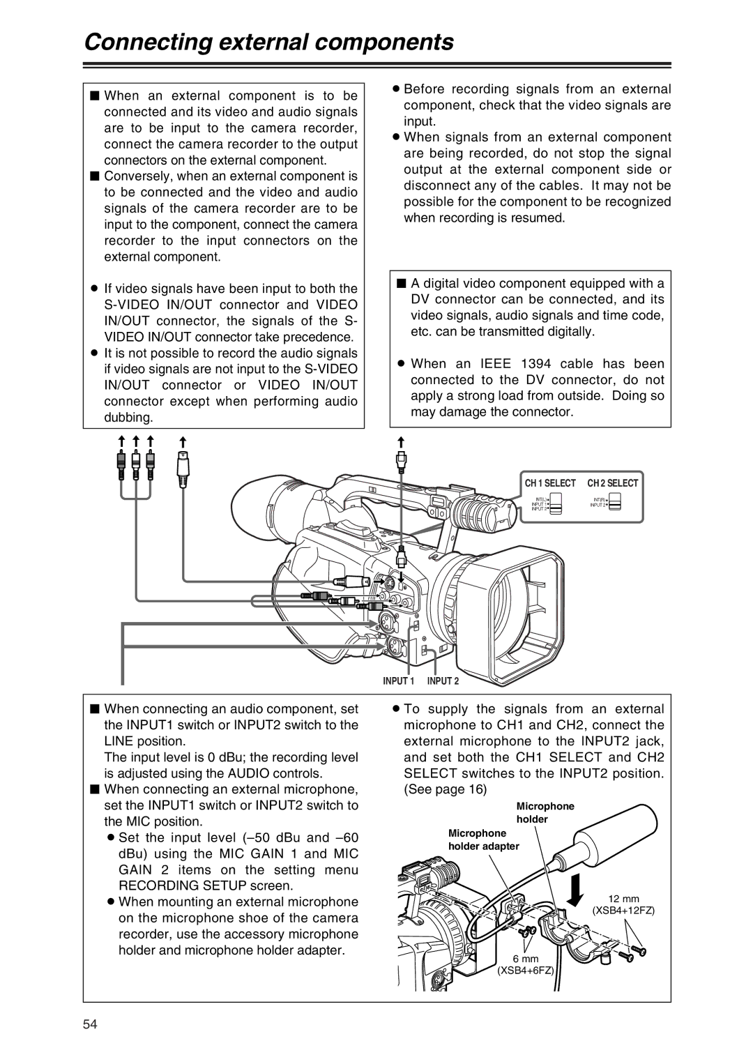 Panasonic AG-DVX100P manual Connecting external components, Input 1 Input, Microphone holder Microphone holder adapter 