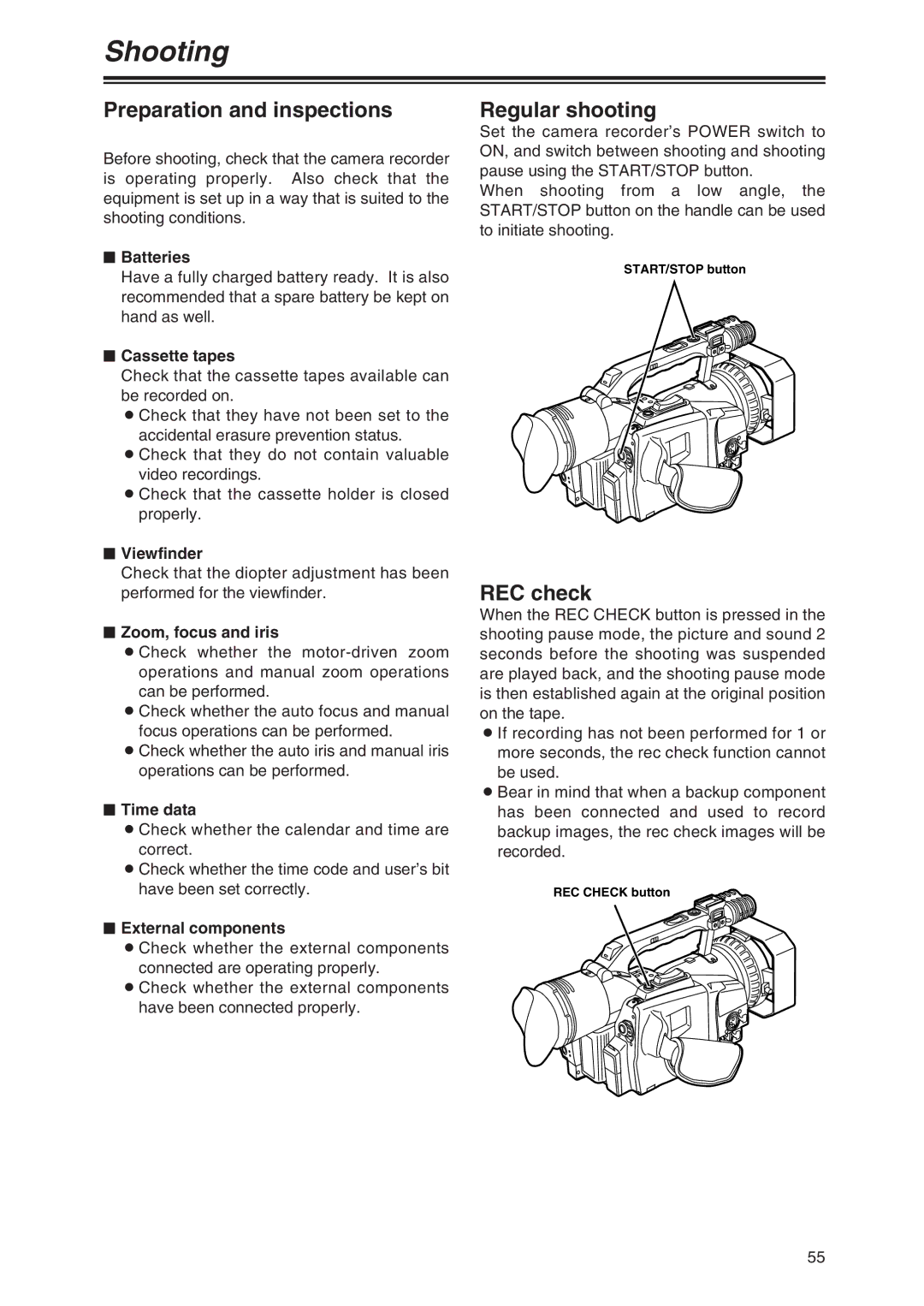 Panasonic AG-DVX100P manual Shooting, Preparation and inspections, Regular shooting, REC check 
