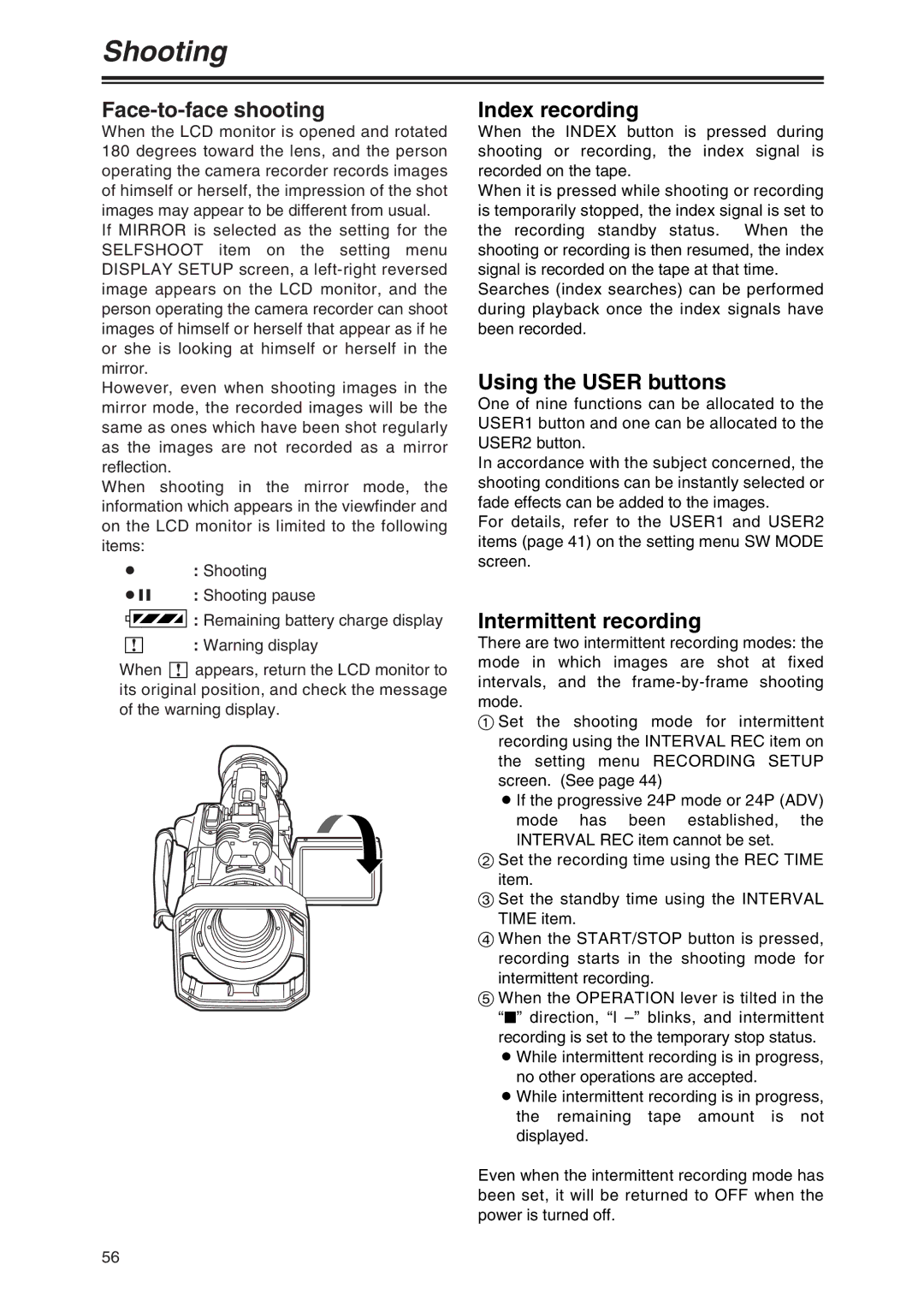 Panasonic AG-DVX100P manual Face-to-face shooting, Index recording, Using the User buttons, Intermittent recording 