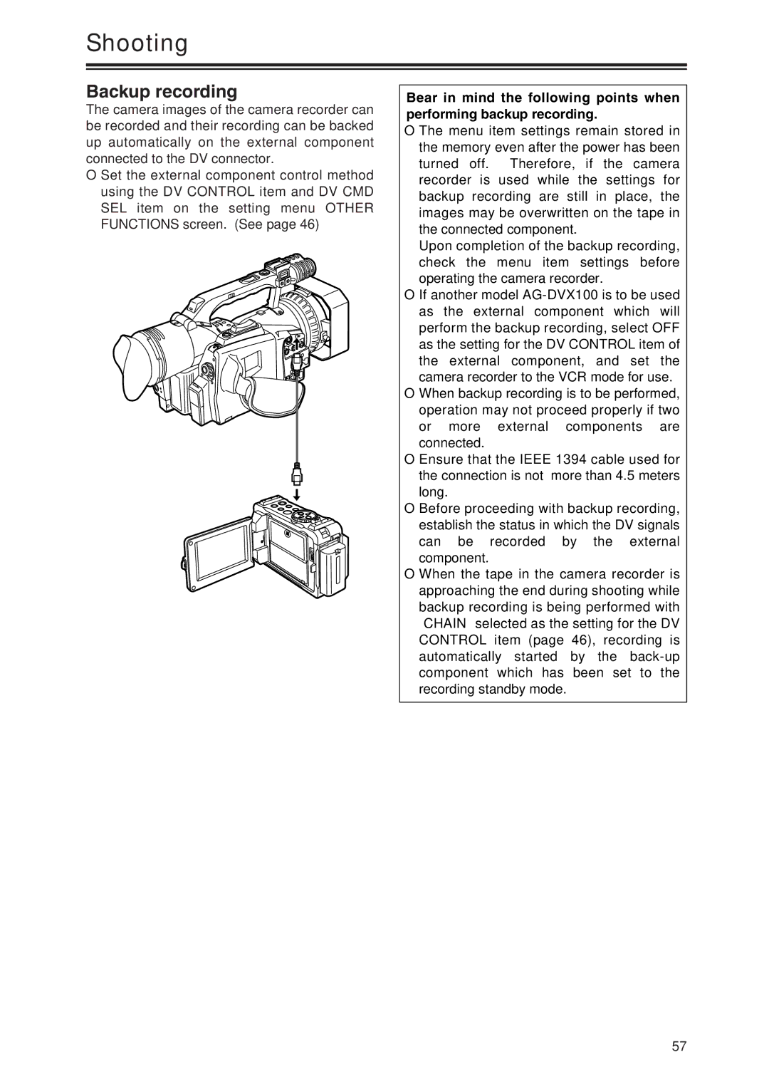 Panasonic AG-DVX100P manual Backup recording 