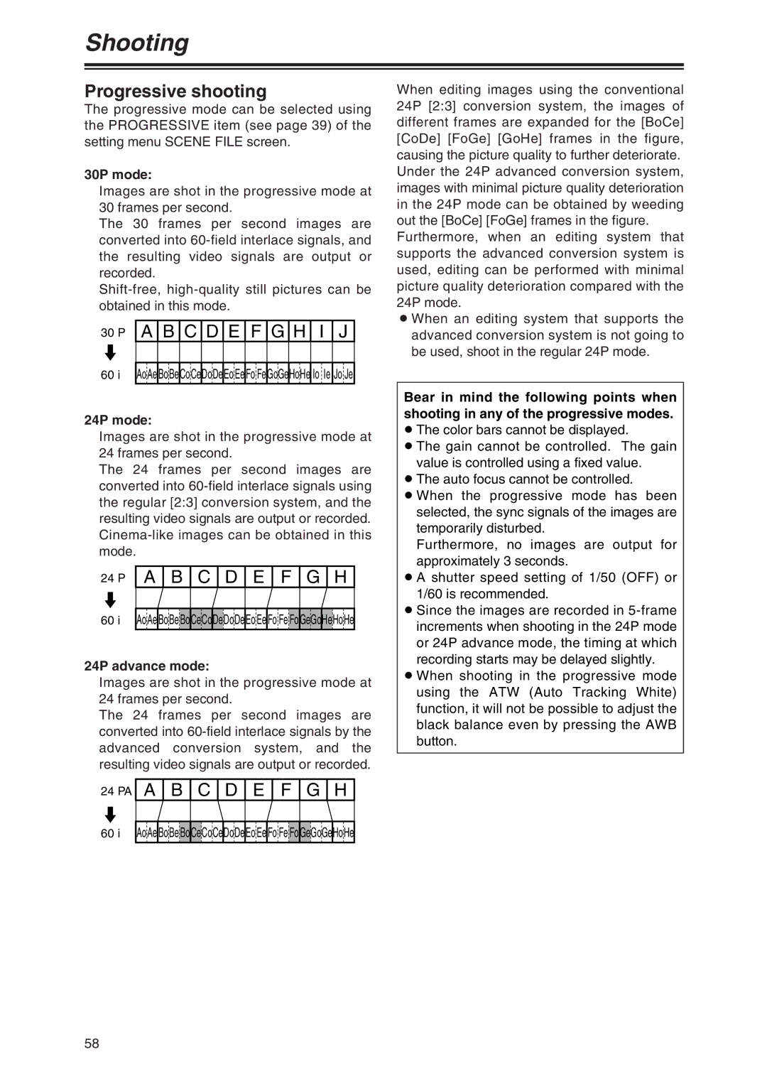 Panasonic AG-DVX100P manual Progressive shooting, 30P mode, 24P mode, 24P advance mode 