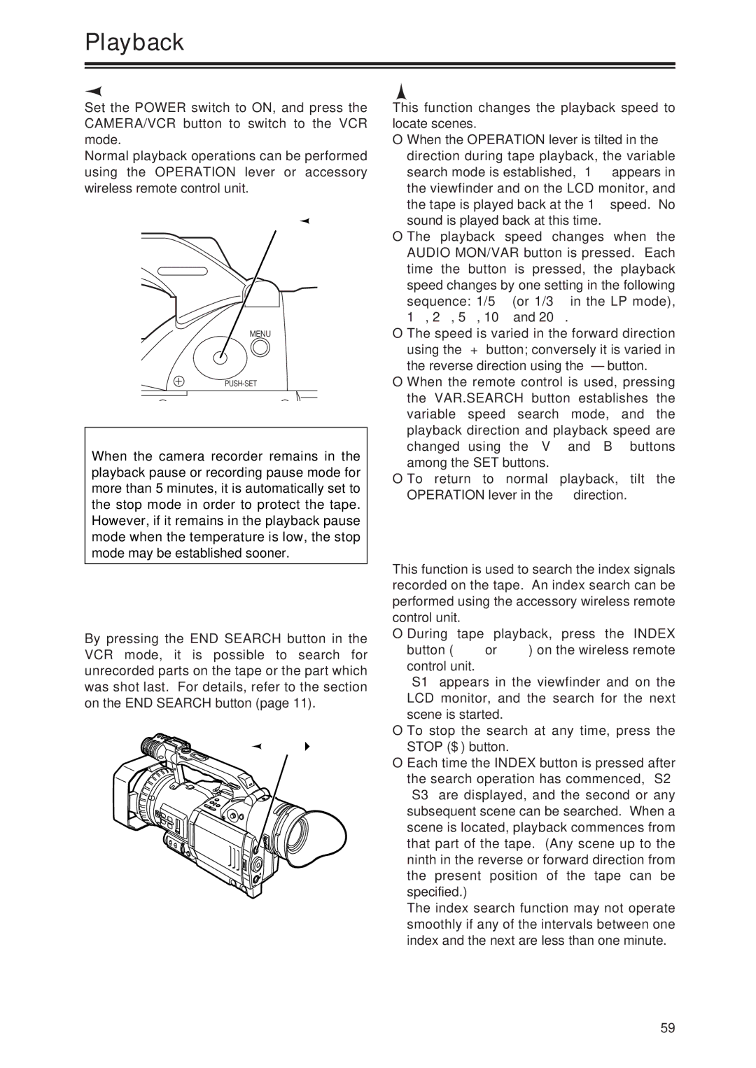 Panasonic AG-DVX100P manual Playback, Normal playback, Tape blank search, Variable speed search, Index search 