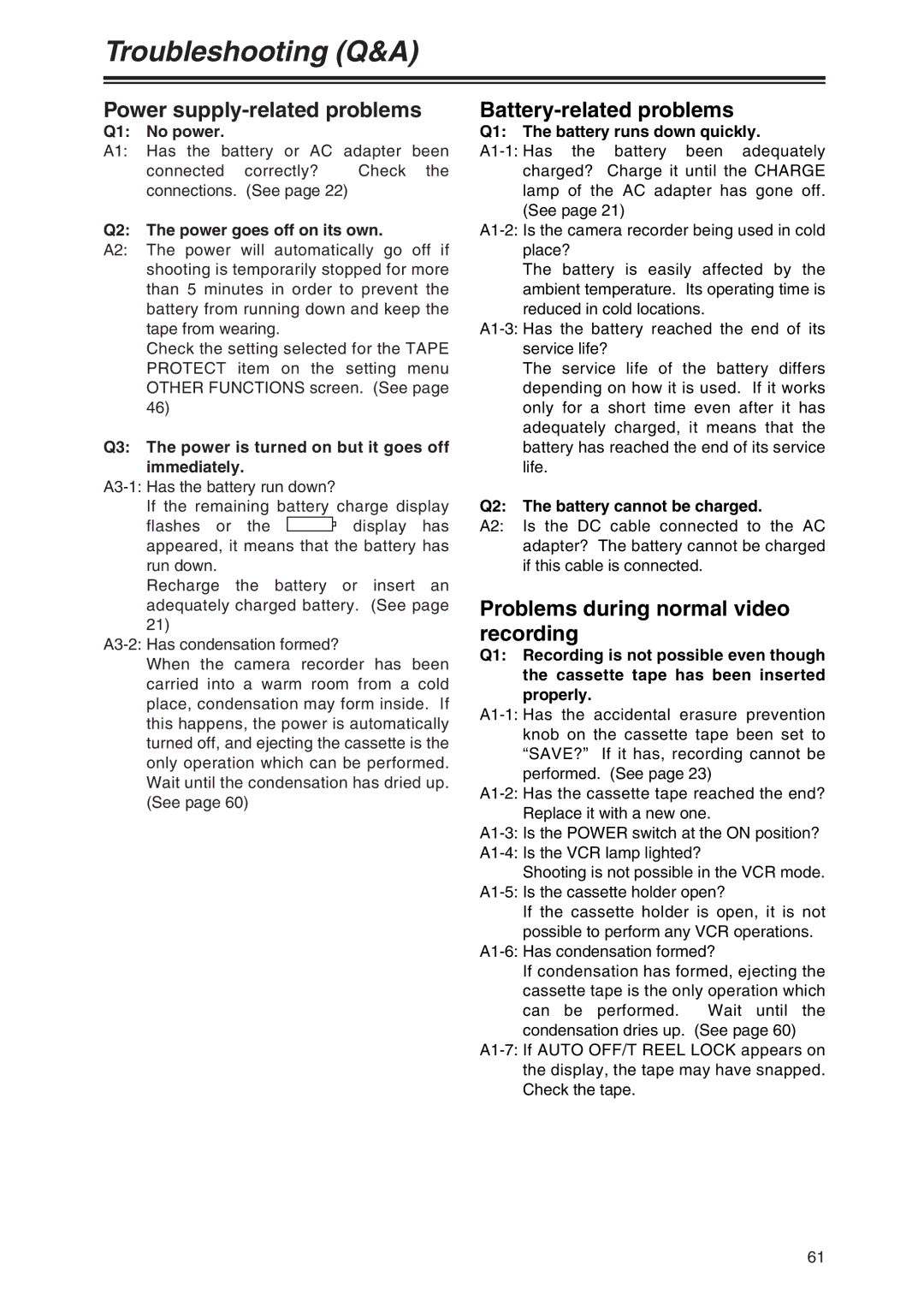 Panasonic AG-DVX100P manual Troubleshooting Q&A, Power supply-related problems, Battery-related problems 