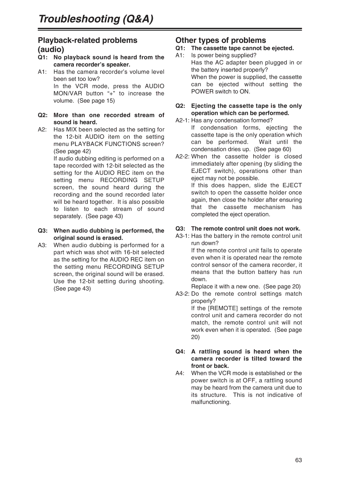 Panasonic AG-DVX100P Playback-related problems audio, Other types of problems, Q1 The cassette tape cannot be ejected 