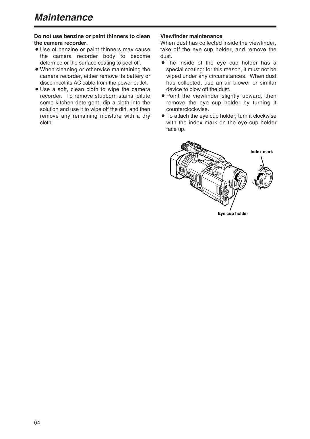 Panasonic AG-DVX100P manual Maintenance, Viewfinder maintenance, Index mark Eye cup holder 