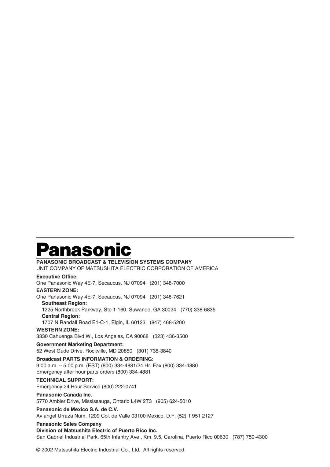 Panasonic AG-DVX100P manual Panasonic Broadcast & Television Systems Company 