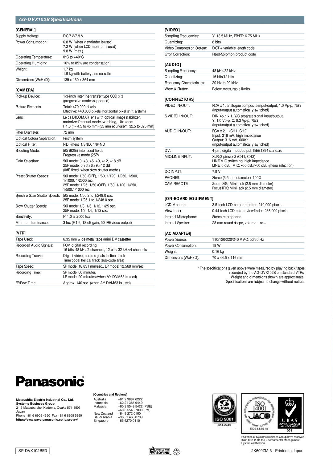 Panasonic manual AG-DVX102B Specifications, General, Camera, Video, Audio, Connectors, On-Board Equipment, Ac Adapter 