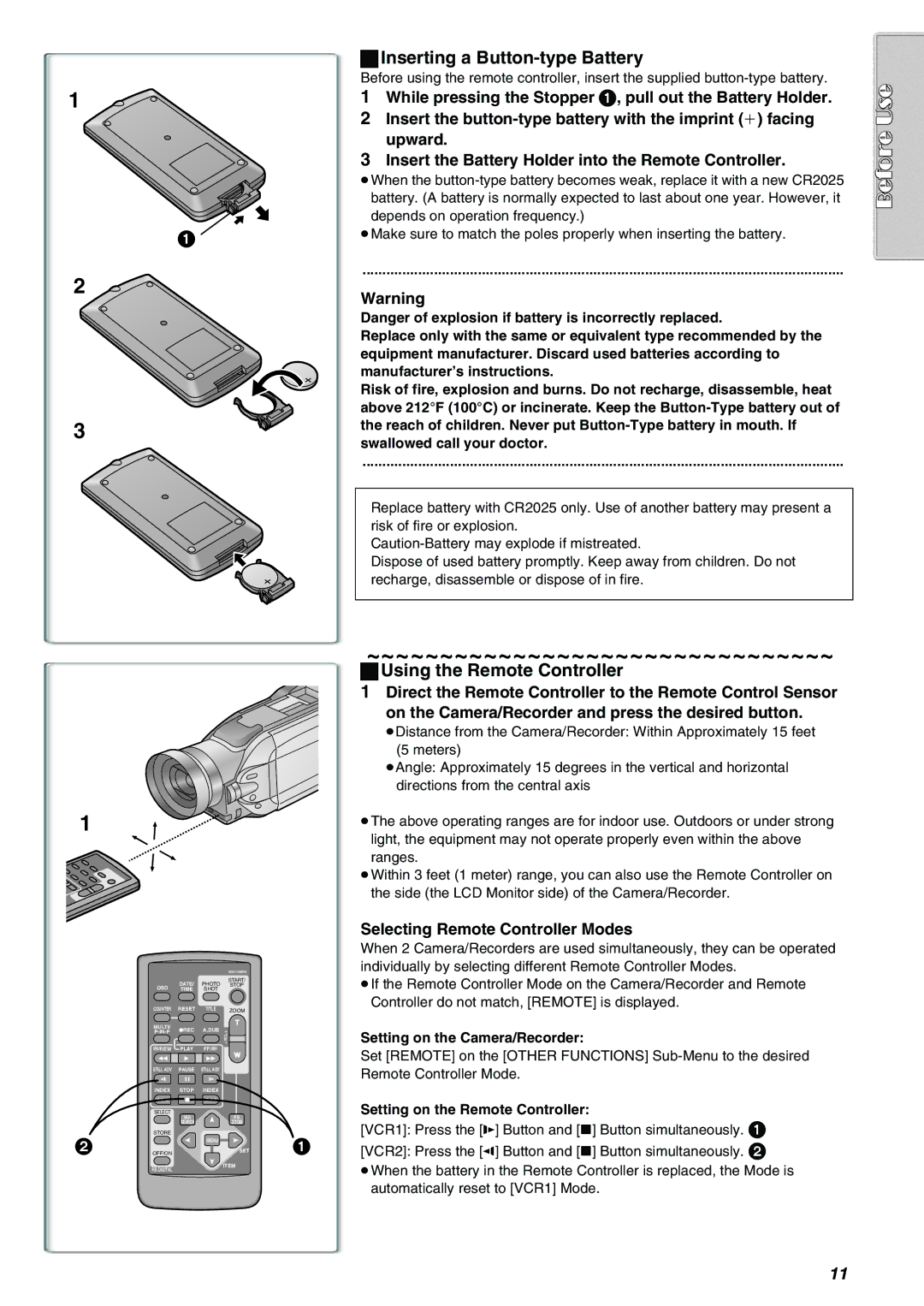 Panasonic AG-EZ50UP Inserting a Button-type Battery, Using the Remote Controller, Selecting Remote Controller Modes 