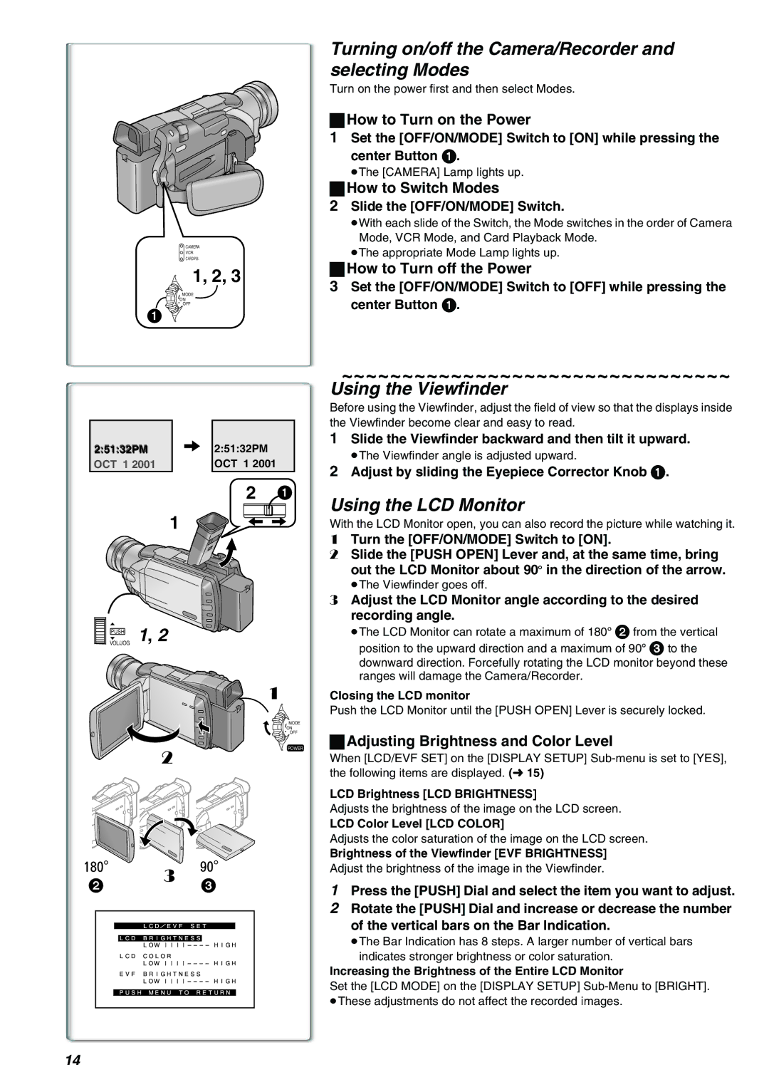 Panasonic AG-EZ50UP Turning on/off the Camera/Recorder and selecting Modes, Using the Viewfinder, Using the LCD Monitor 