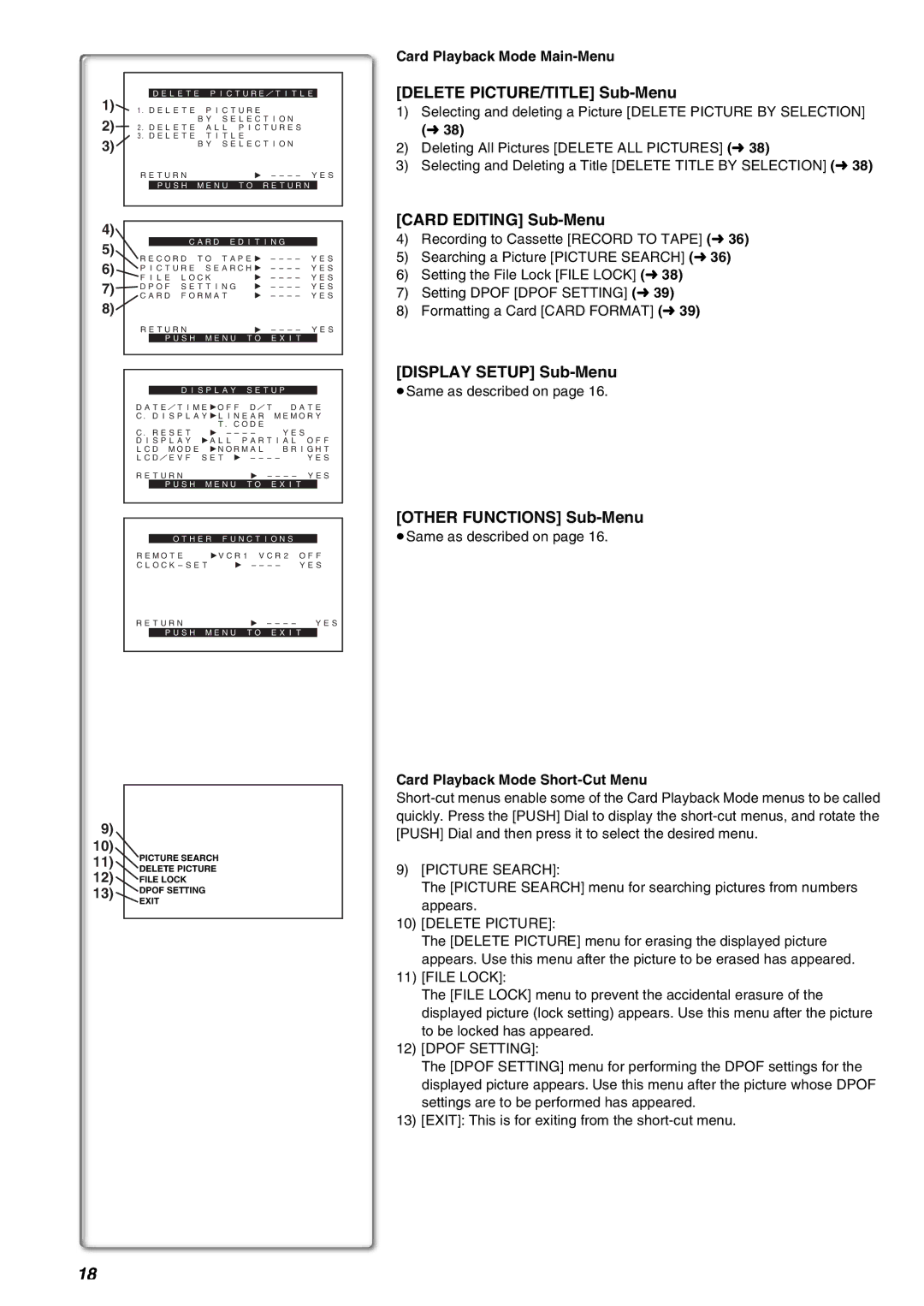 Panasonic AG-EZ50UP Delete PICTURE/TITLE Sub-Menu, Card Editing Sub-Menu, Card Playback Mode Main-Menu 