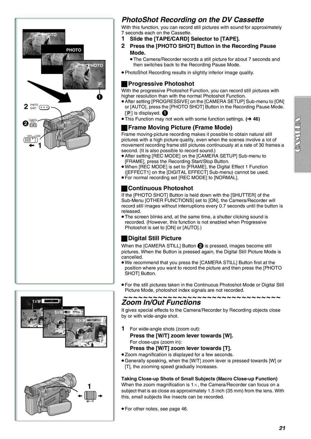 Panasonic AG-EZ50UP operating instructions PhotoShot Recording on the DV Cassette, Zoom In/Out Functions 