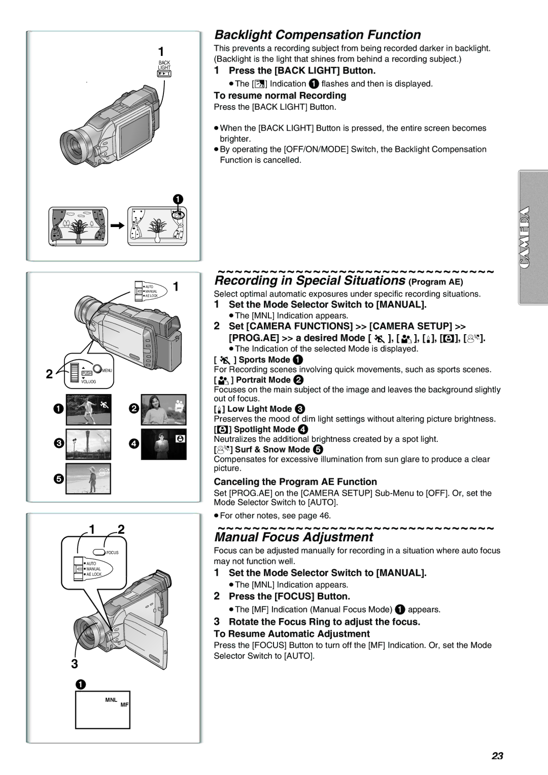 Panasonic AG-EZ50UP Backlight Compensation Function, Recording in Special Situations Program AE, Manual Focus Adjustment 