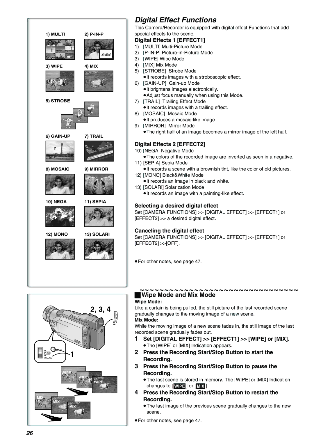 Panasonic AG-EZ50UP operating instructions Digital Effect Functions, Wipe Mode and Mix Mode 