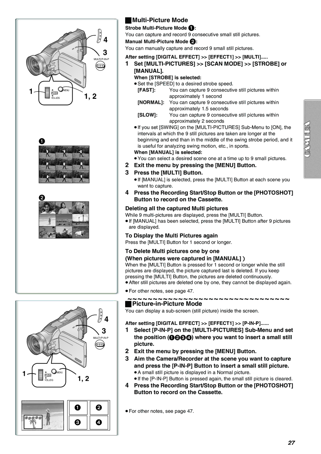 Panasonic AG-EZ50UP Multi-Picture Mode, Picture-in-Picture Mode, Set MULTI-PICTURES Scan Mode Strobe or Manual 