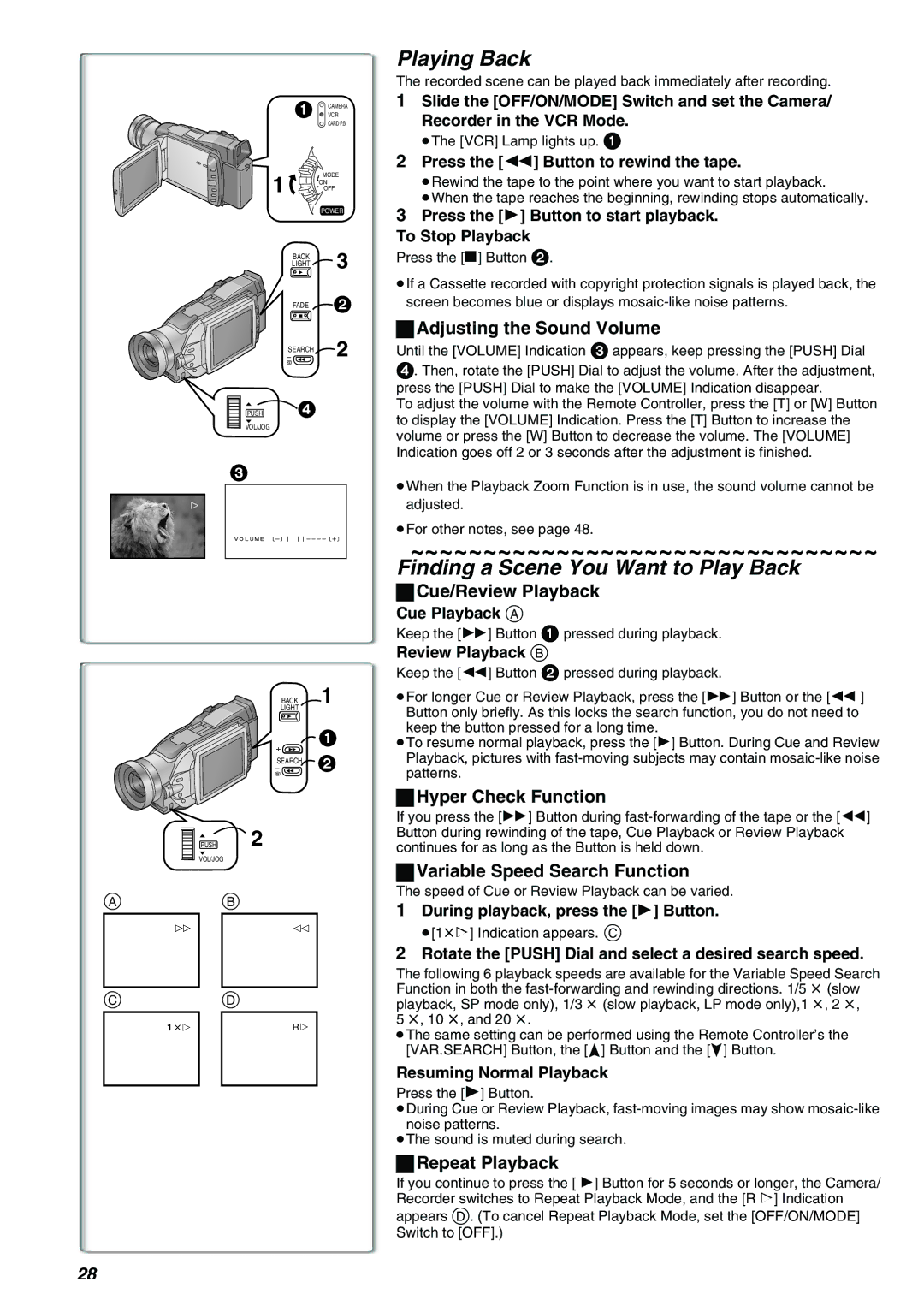 Panasonic AG-EZ50UP operating instructions Playing Back, Finding a Scene You Want to Play Back 