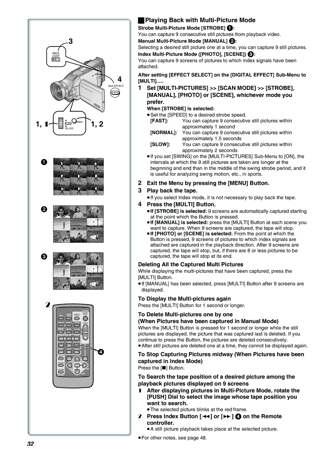 Panasonic AG-EZ50UP operating instructions Playing Back with Multi-Picture Mode, To Display the Multi-pictures again 