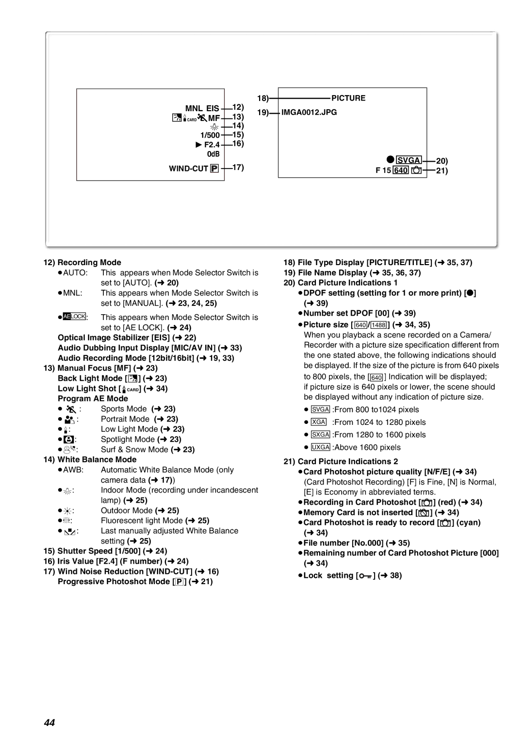 Panasonic AG-EZ50UP Recording Mode, White Balance Mode, L34 ≥File number No.000 l35, ≥Lock setting l38 