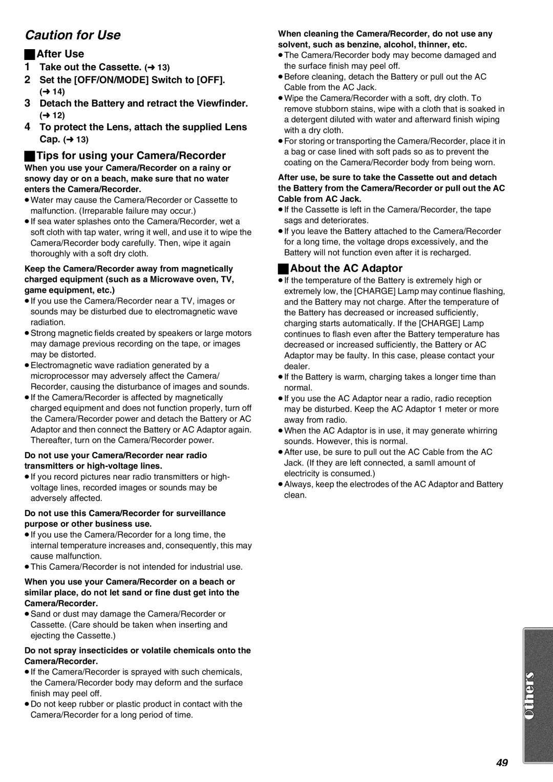 Panasonic AG-EZ50UP operating instructions ªAfter Use, ªTips for using your Camera/Recorder, ªAbout the AC Adaptor 