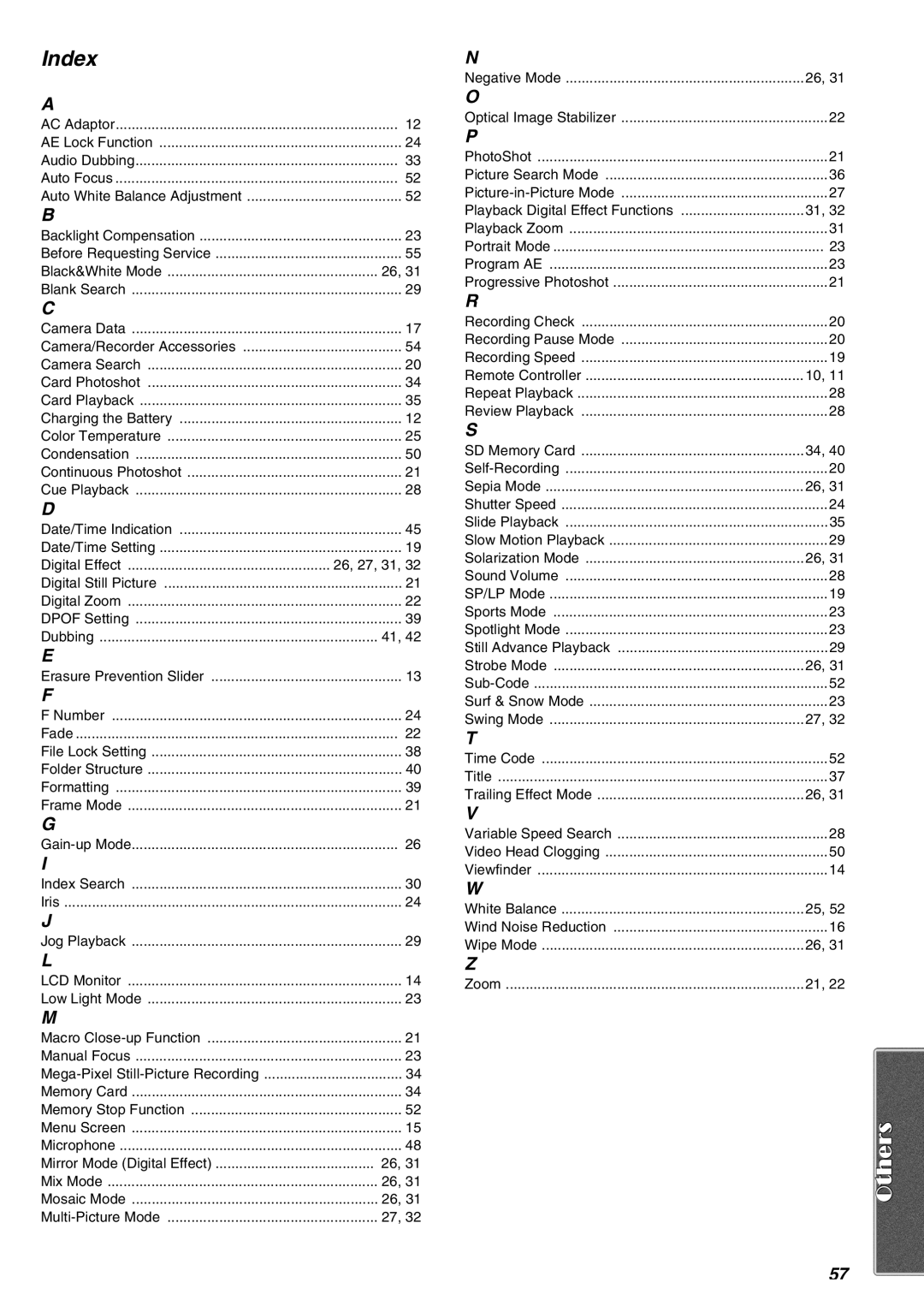 Panasonic AG-EZ50UP operating instructions Index 