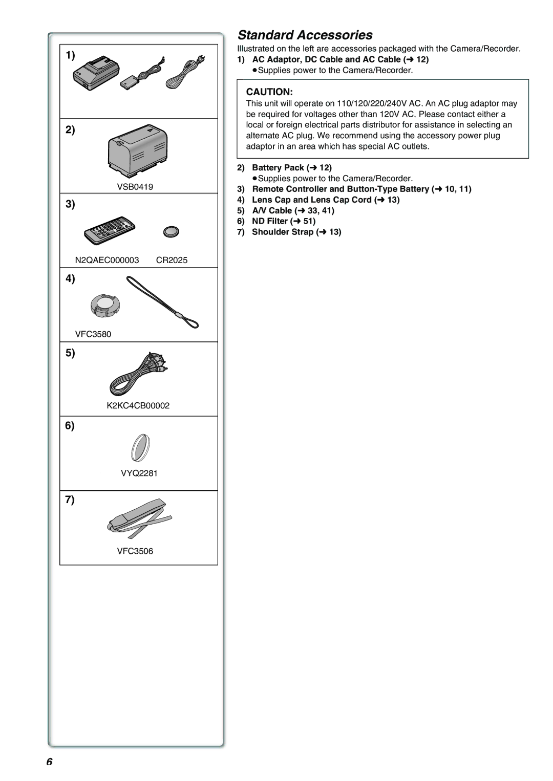 Panasonic AG-EZ50UP operating instructions Standard Accessories, AC Adaptor, DC Cable and AC Cable l12, Battery Pack l12 