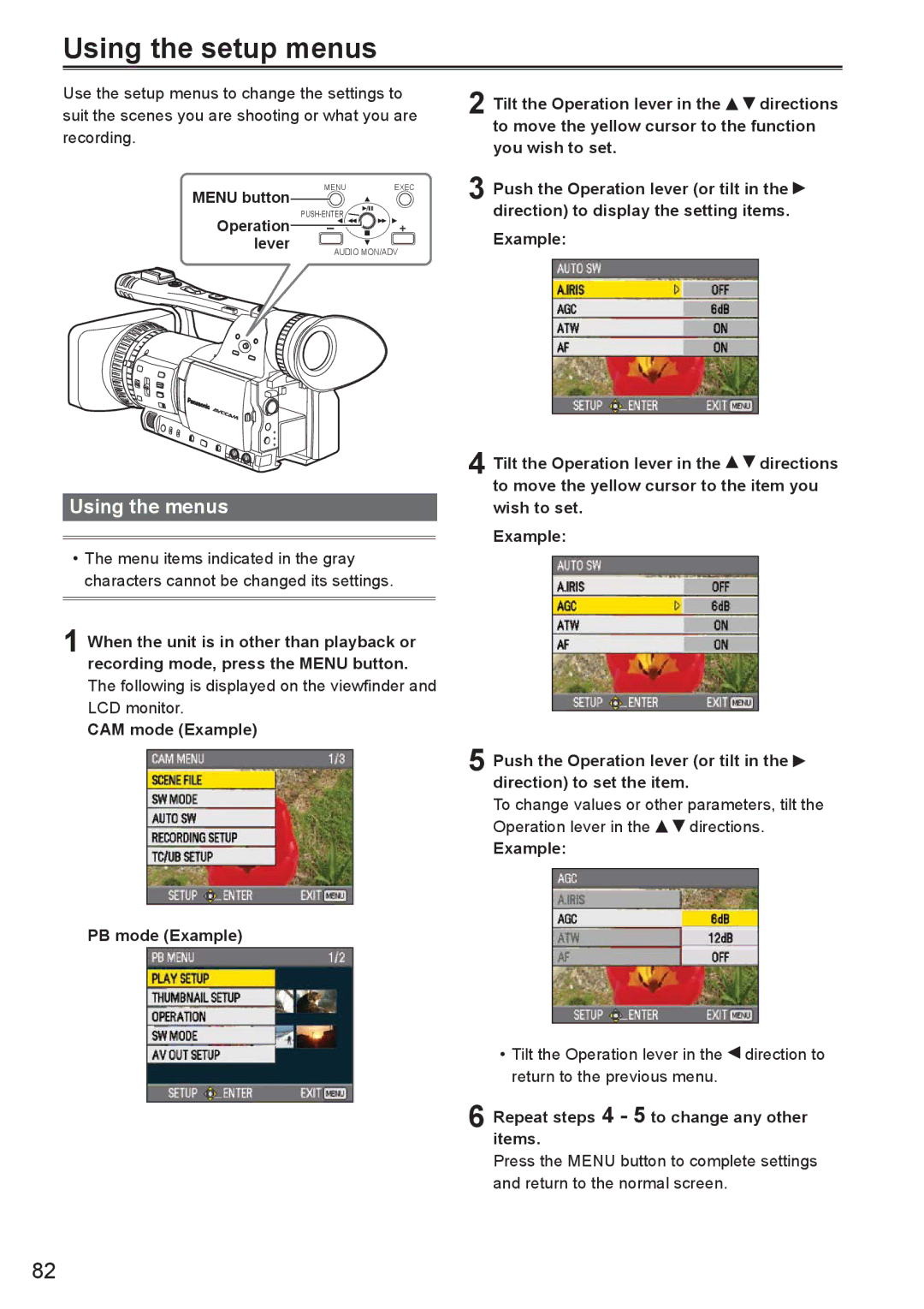 Panasonic AG-HMC150 manual Using the setup menus, Using the menus 