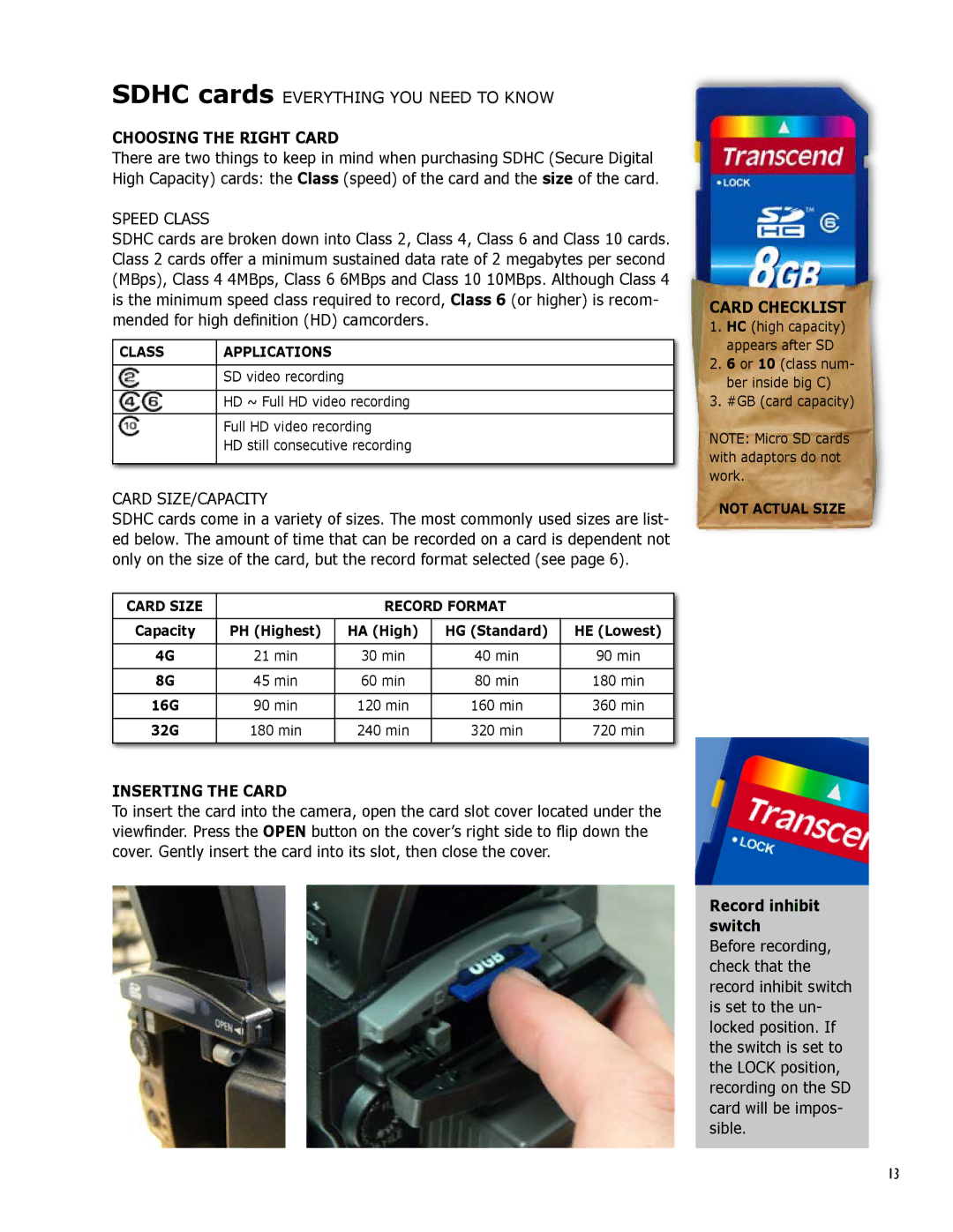 Panasonic AG-HMC150 Sdhc cards Everything YOU Need to Know, Choosing the Right Card, Inserting the Card, Card Checklist 