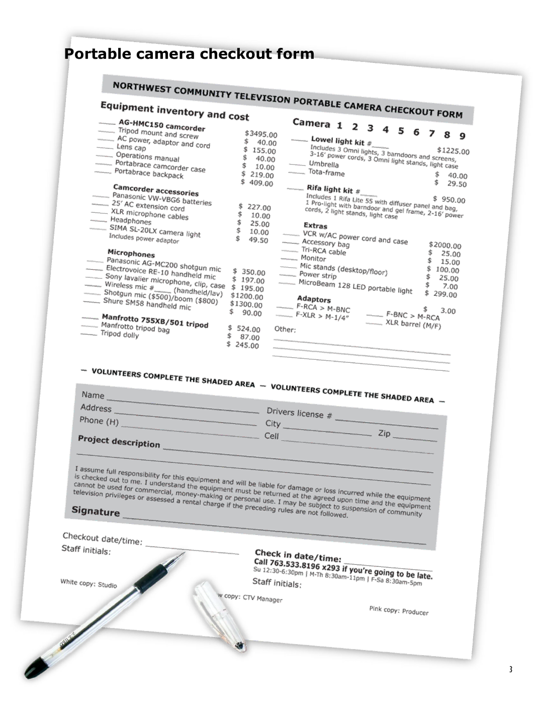 Panasonic AG-HMC150 manual Portable camera checkout form 