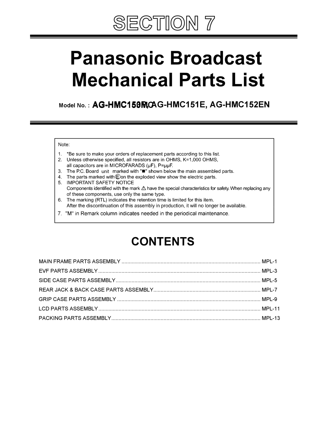 Panasonic AG-HMC151E manual Panasonic Broadcast Mechanical Parts List 