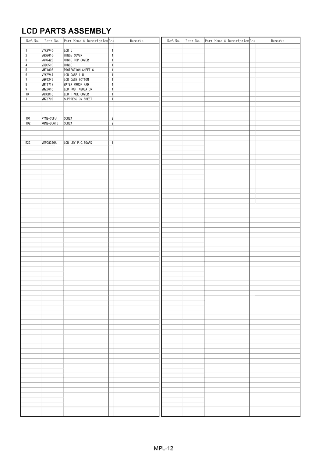 Panasonic AG-HMC151E manual LCD Parts Assembly 