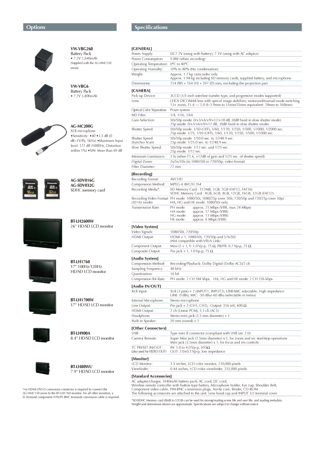 Panasonic AG-HMC153, AG-HMC152, AG-HMC154 manual BT-LH2600W, BT-LH1760, BT-LH1700W 