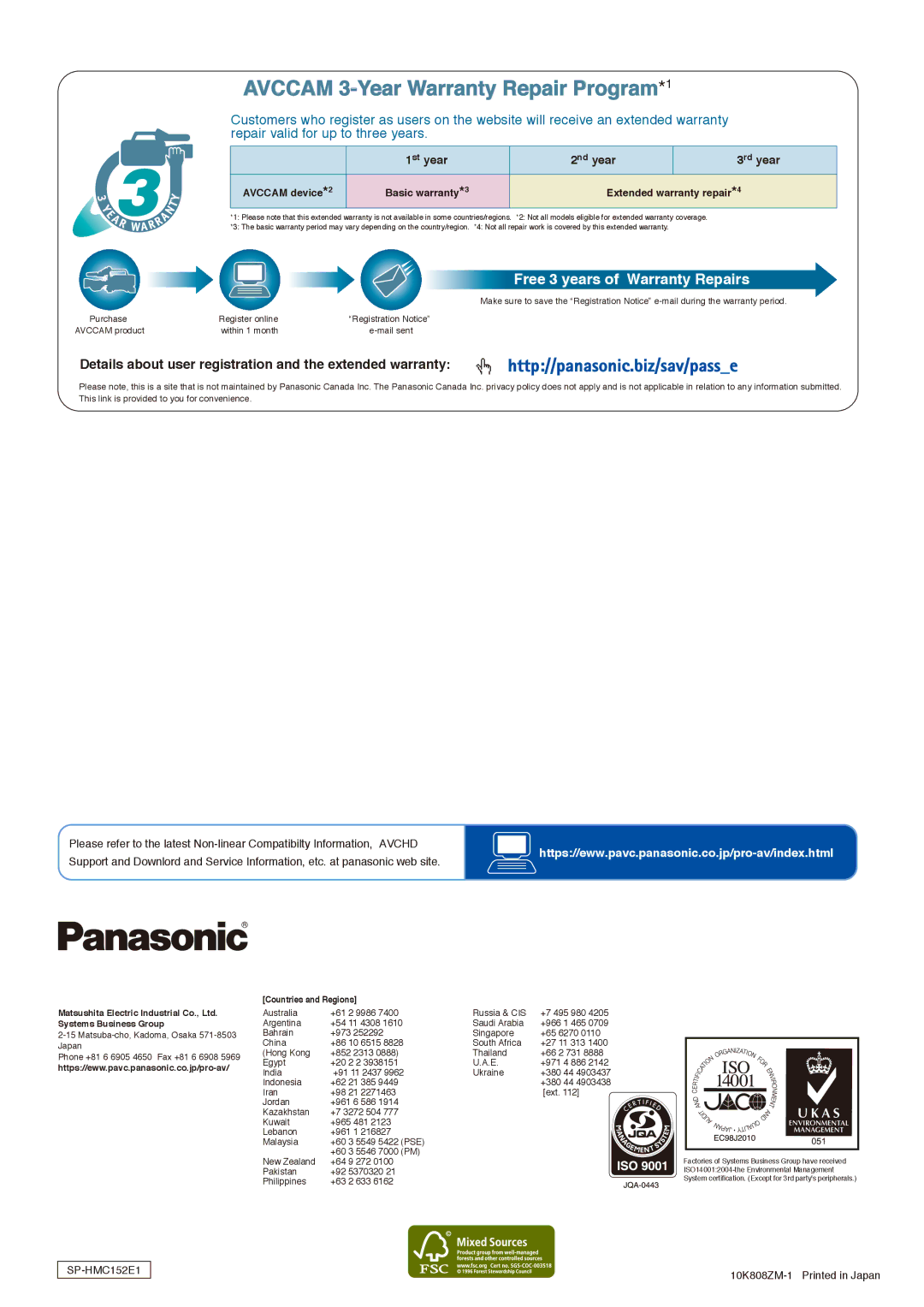 Panasonic AG-HMC152 manual Details about user registration and the extended warranty, St year Nd year Rd year, SP-HMC152E1 