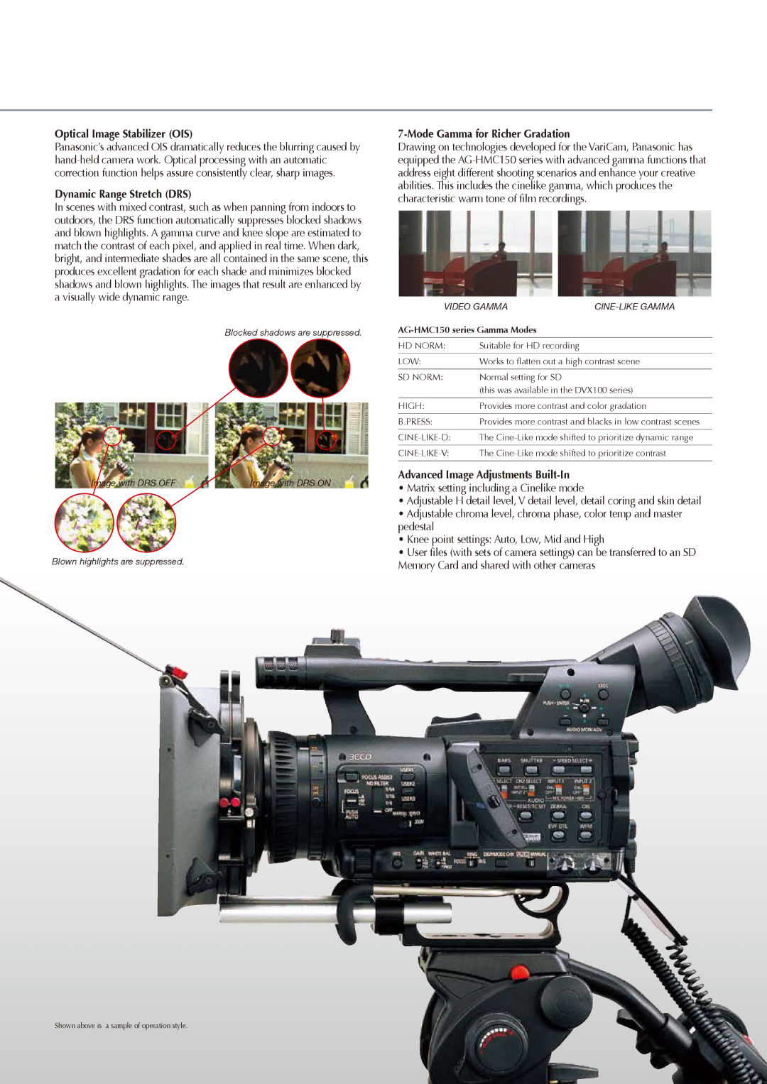 Panasonic AG-HMC153, AG-HMC152 Optical Image Stabilizer OIS, Dynamic Range Stretch DRS, Mode Gamma for Richer Gradation 