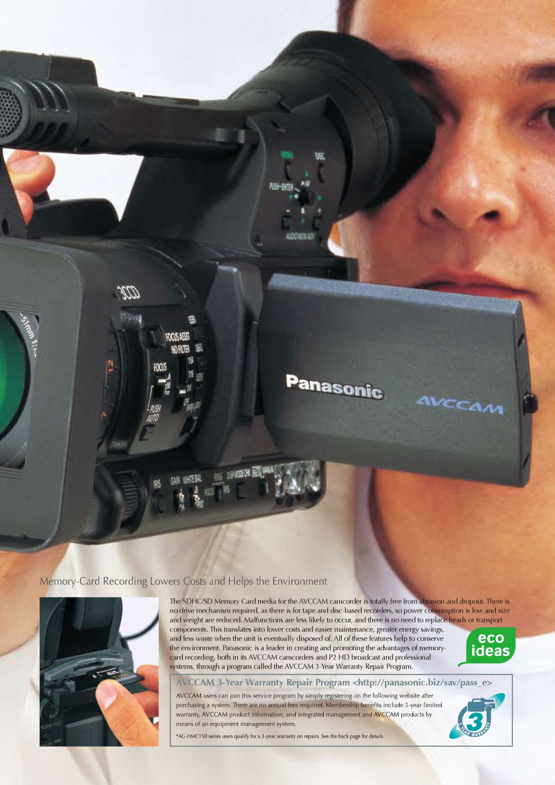 Panasonic AG-HMC152, AG-HMC154, AG-HMC153 manual Memory-Card Recording Lowers Costs and Helps the Environment 