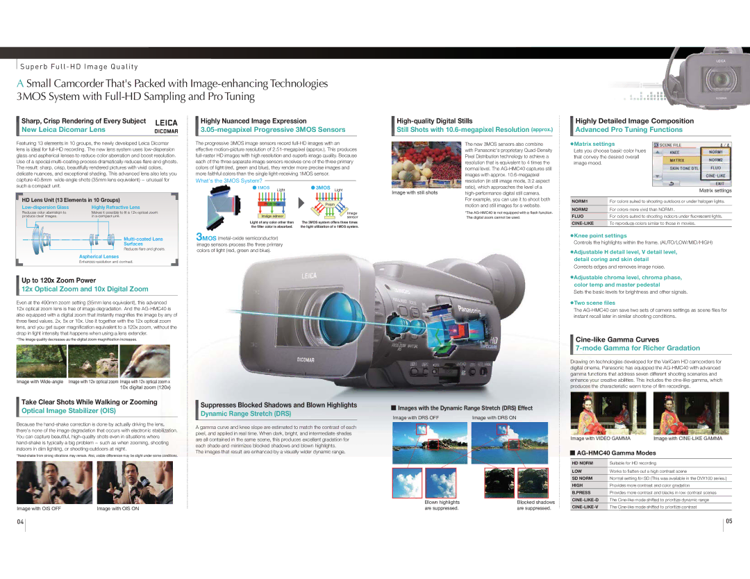 Panasonic AG-HMC40 manual New Leica Dicomar Lens, Megapixel Progressive 3MOS Sensors, Advanced Pro Tuning Functions 