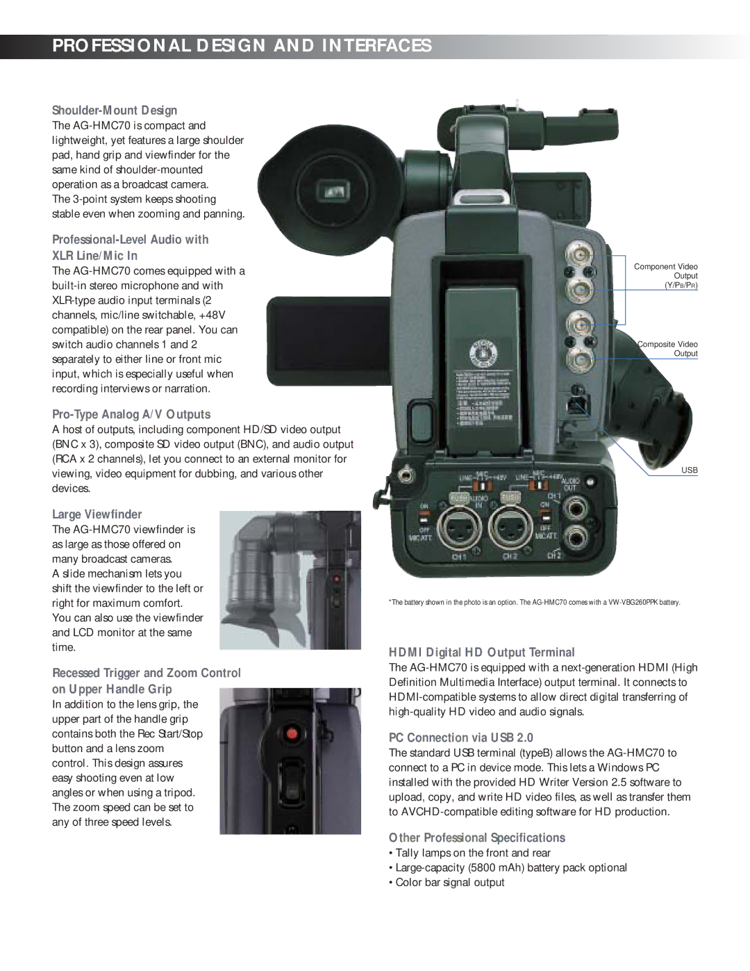 Panasonic AG-HMC70 manual Professional Design and Interfaces 