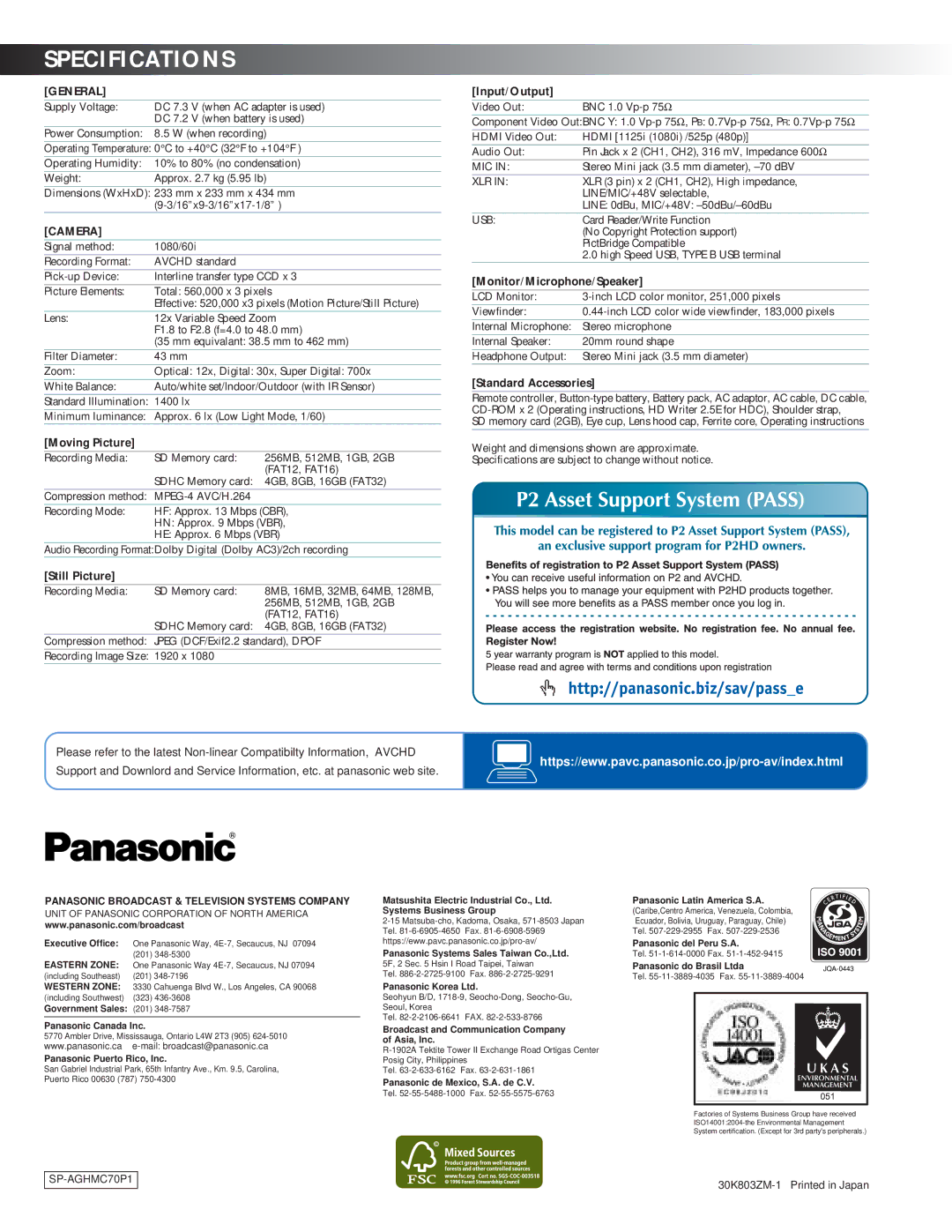 Panasonic AG-HMC70 manual Specifications, General, Camera 