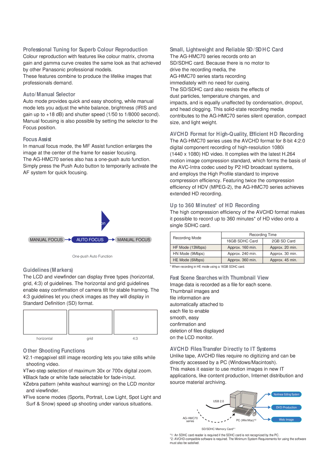 Panasonic AG-HMC70 manual Outstanding Reliability and Mobility 