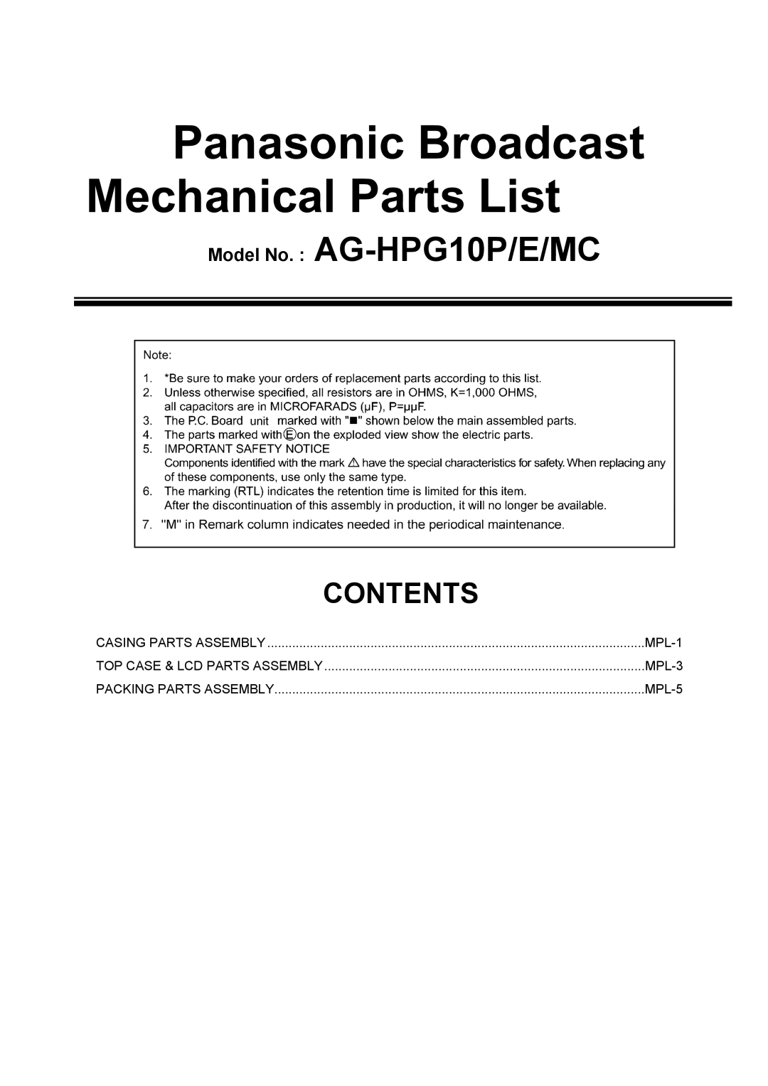 Panasonic AG-HPG10MC, AG-HPG10E manual Panasonic Broadcast Mechanical Parts List 