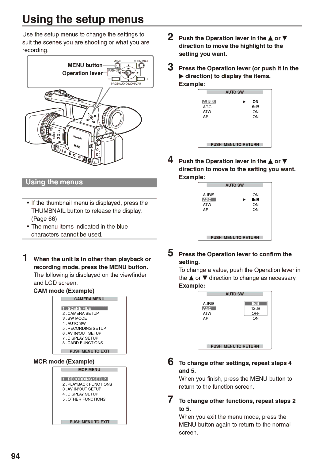 Panasonic AG-HPX170 manual Using the menus, Menu button Operation lever PUSH-SET 