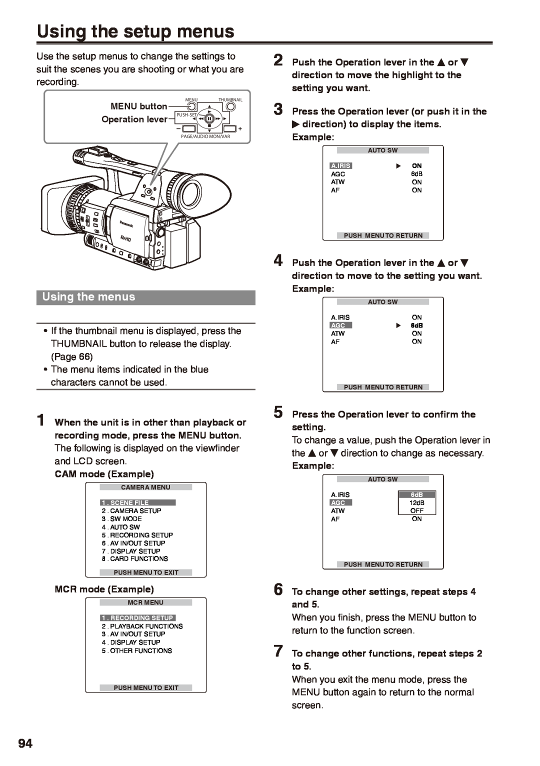 Panasonic AG-HPX170 manual Using the setup menus, Using the menus 