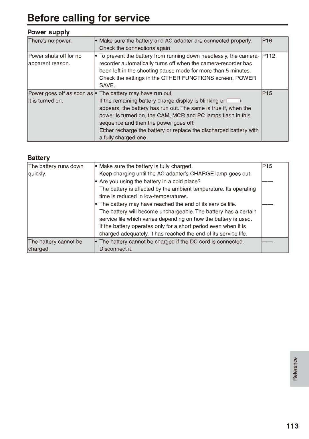 Panasonic AG-HPX170P operating instructions Before calling for service, 113, Power supply, Battery 