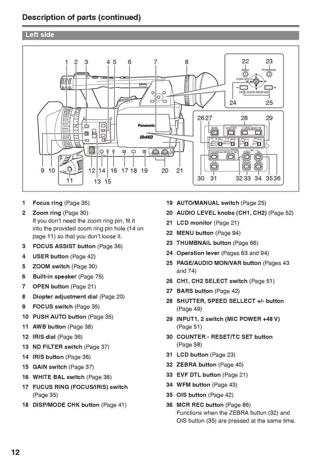 Panasonic AG-HPX170P operating instructions Description of parts, Left side, Focus ring Zoom ring, Operation lever Pages 63 