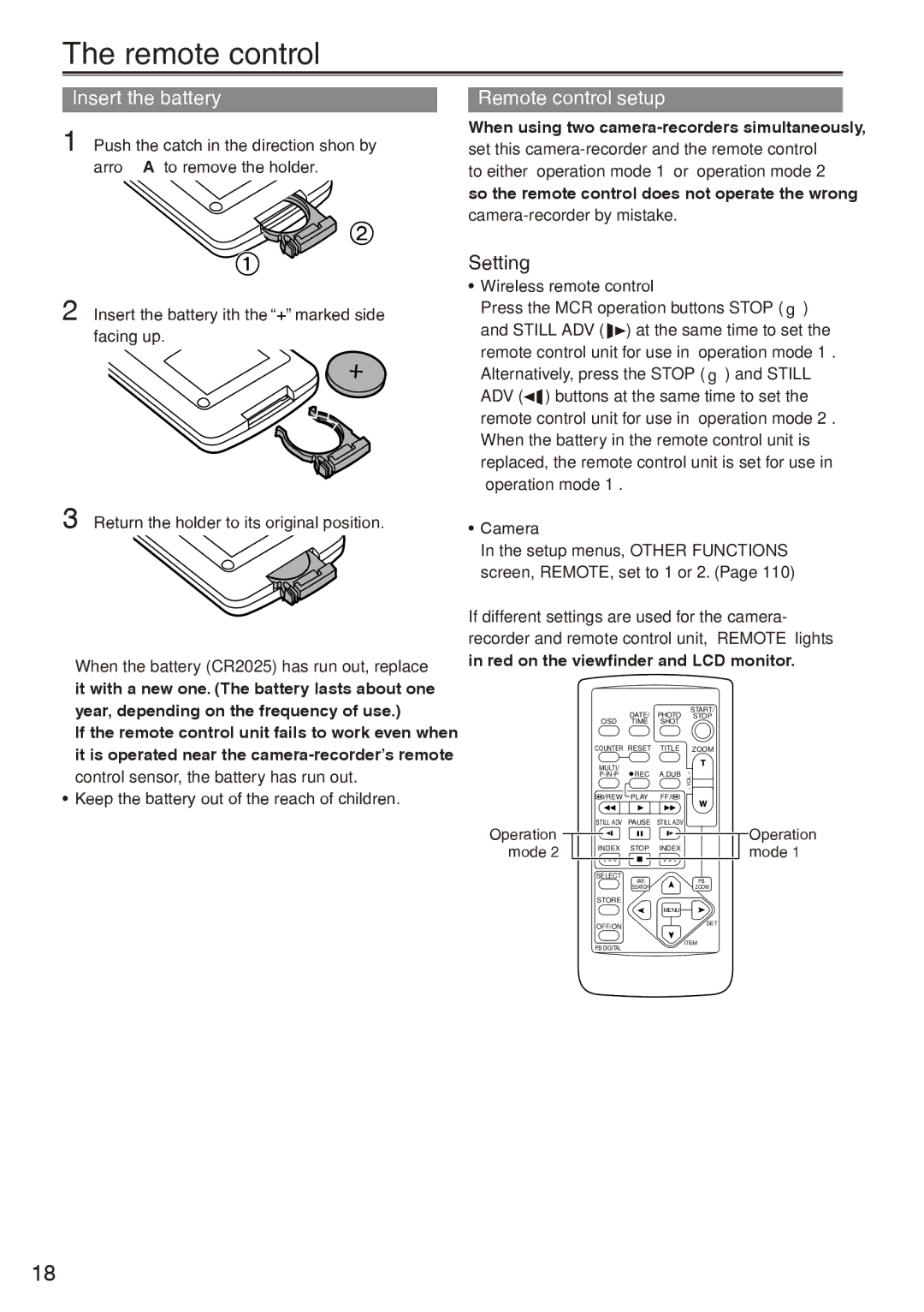 Panasonic AG-HPX170P operating instructions Insert the battery, Remote control setup, Setting 