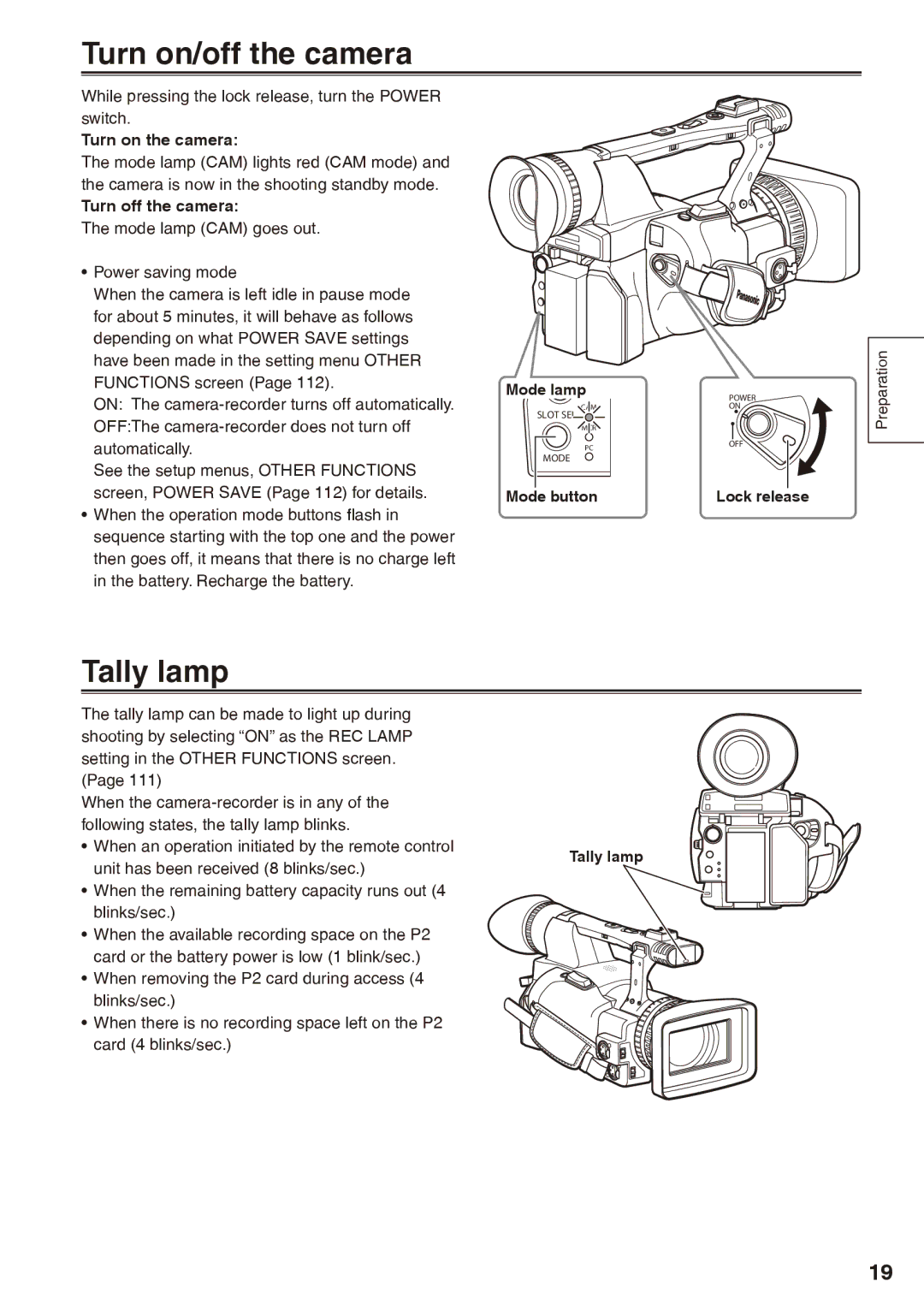 Panasonic AG-HPX170P operating instructions Turn on/off the camera, Tally lamp, Turn on the camera, Turn off the camera 